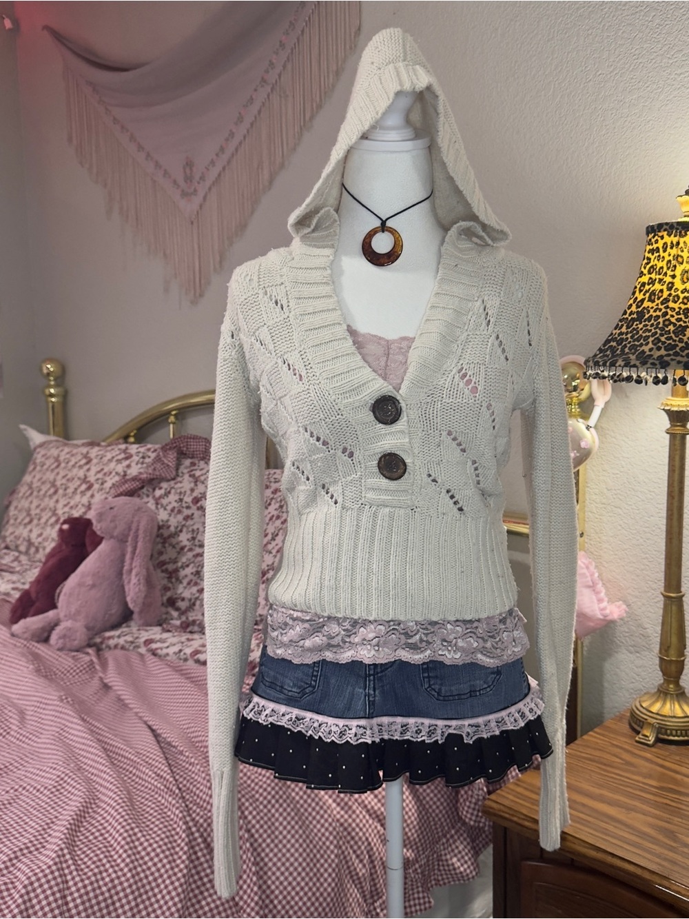 Y2K Cream Hooded Knit Sweater with Button Front - Picture 5 of 7